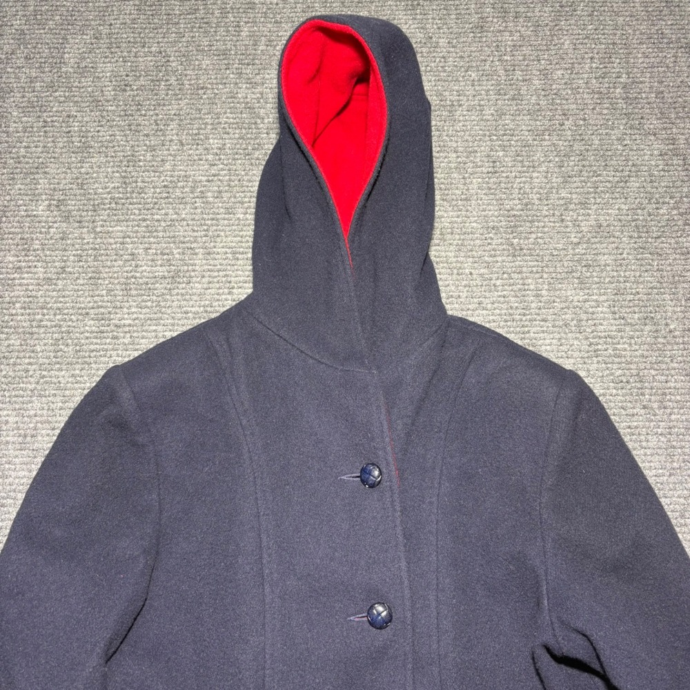 Herman Kay Womens Navy Blue Wool Blend Hooded Coat Red Lining Size 8 56012J - Picture 3 of 9